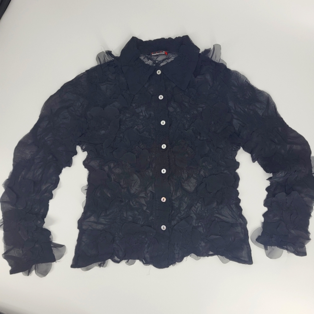 Hugging Kisses Wrinkled Floral Sheer Organza Button Down Shirt